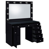 Close-up of crystal acrylic drawer knobs on black vanity
