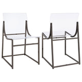 Adino Acrylic Dining Side Chair in clear acrylic and black nickel metal frame straight view