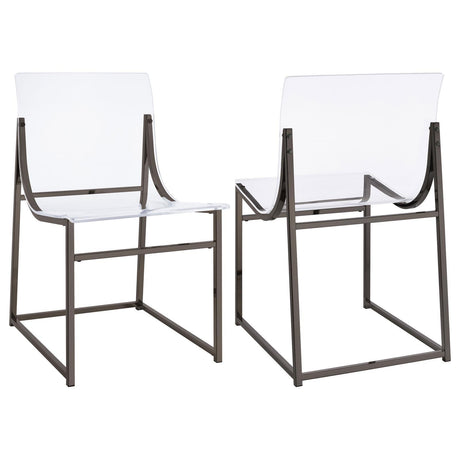 Adino Acrylic Dining Side Chair in clear acrylic and black nickel metal frame straight view