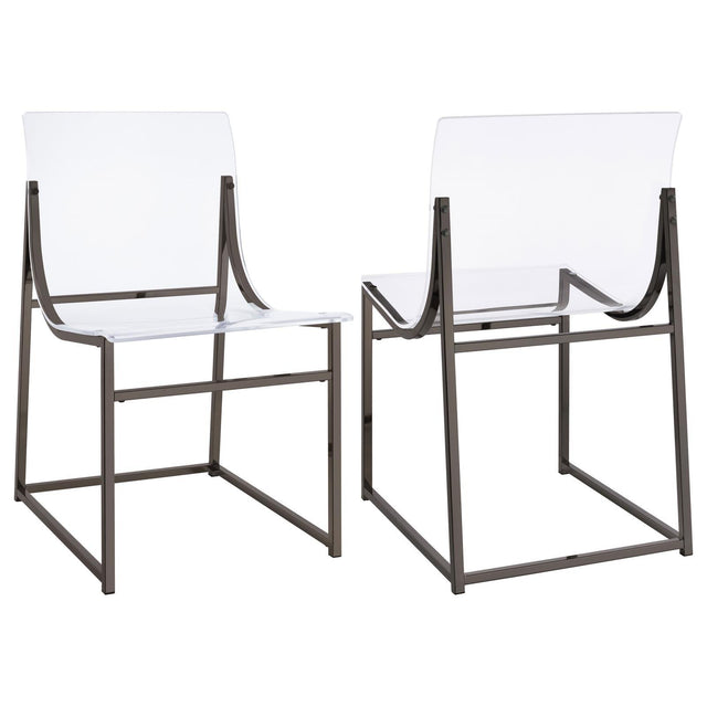 Adino Acrylic Dining Side Chair in clear acrylic and black nickel metal frame straight view