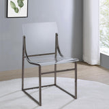 Side angle of Adino Acrylic Dining Side Chair showing clear acrylic seat and black nickel frame