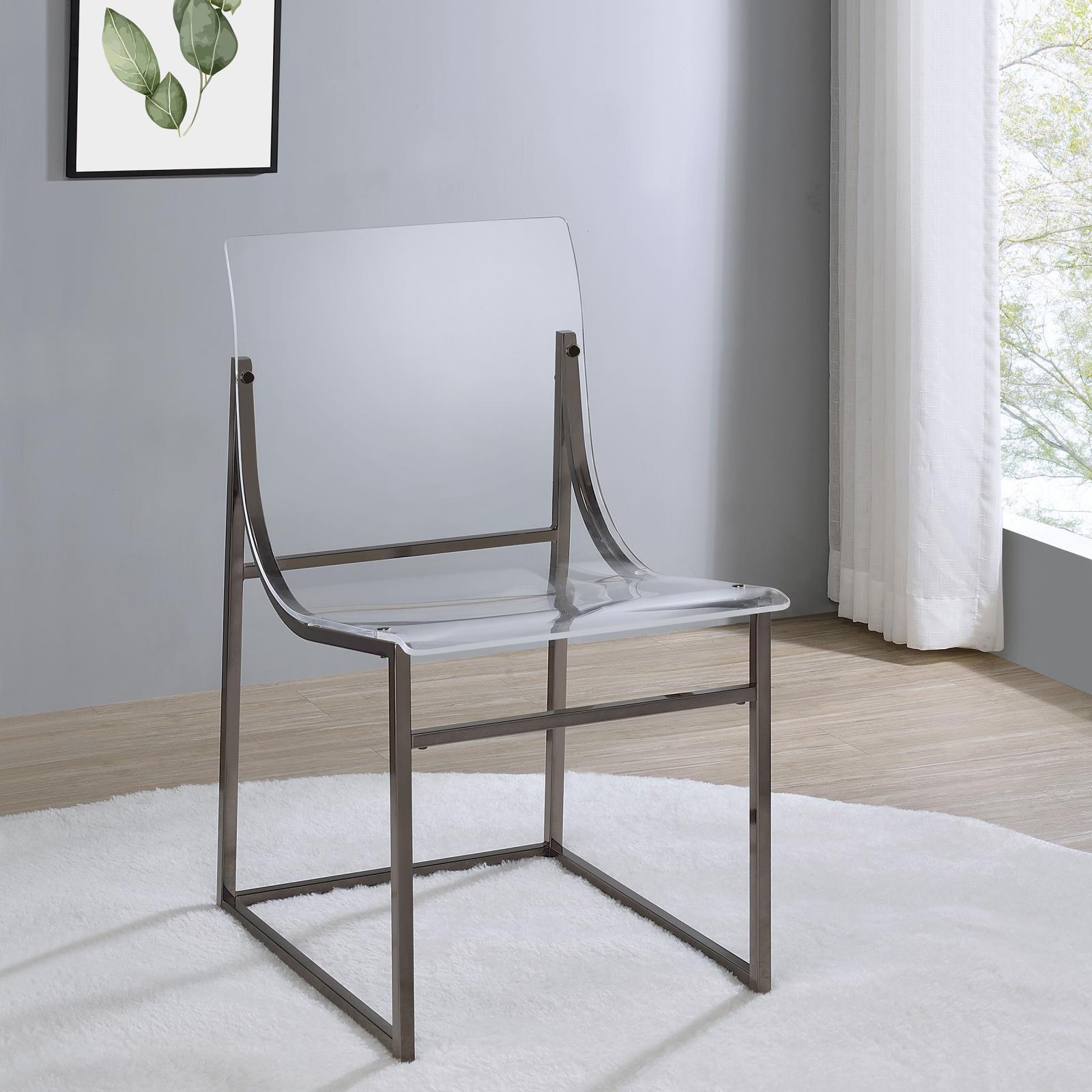 Side angle of Adino Acrylic Dining Side Chair showing clear acrylic seat and black nickel frame