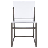Close-up of Adino Acrylic Dining Side Chair acrylic seat and metal frame detail