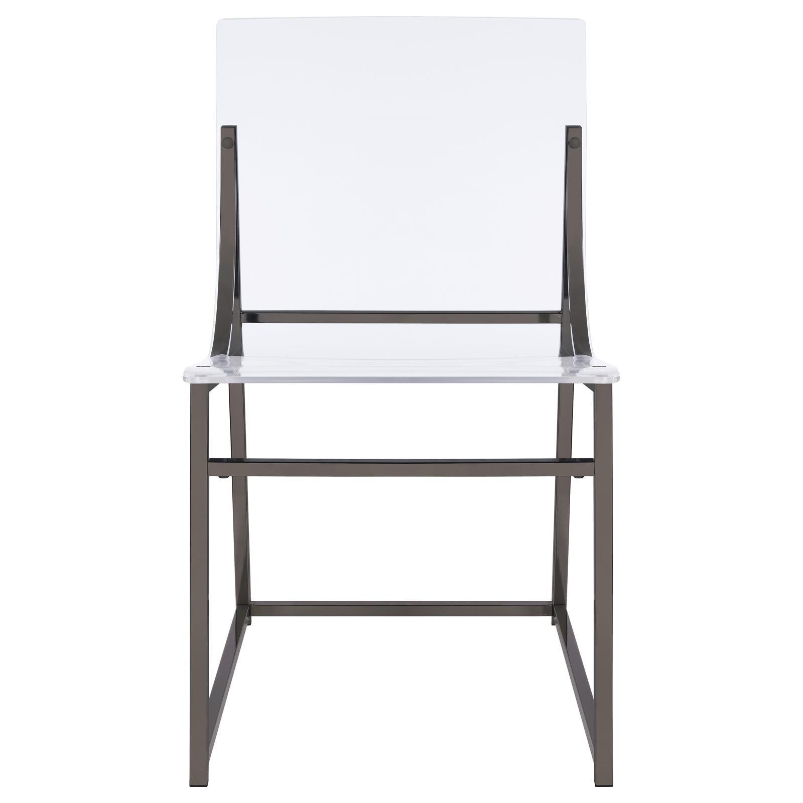 Close-up of Adino Acrylic Dining Side Chair acrylic seat and metal frame detail