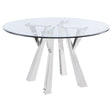 Alaia round glass top dining table with chrome geometric base front view