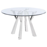 Alaia round glass top dining table with chrome geometric base front view