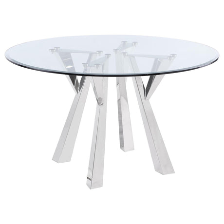 Alaia round glass top dining table with chrome geometric base front view