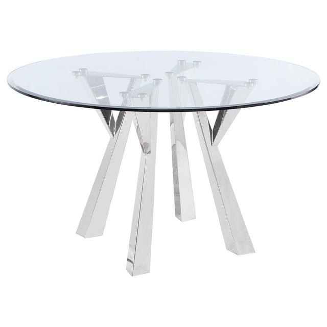 Alaia round glass top dining table with chrome geometric base front view