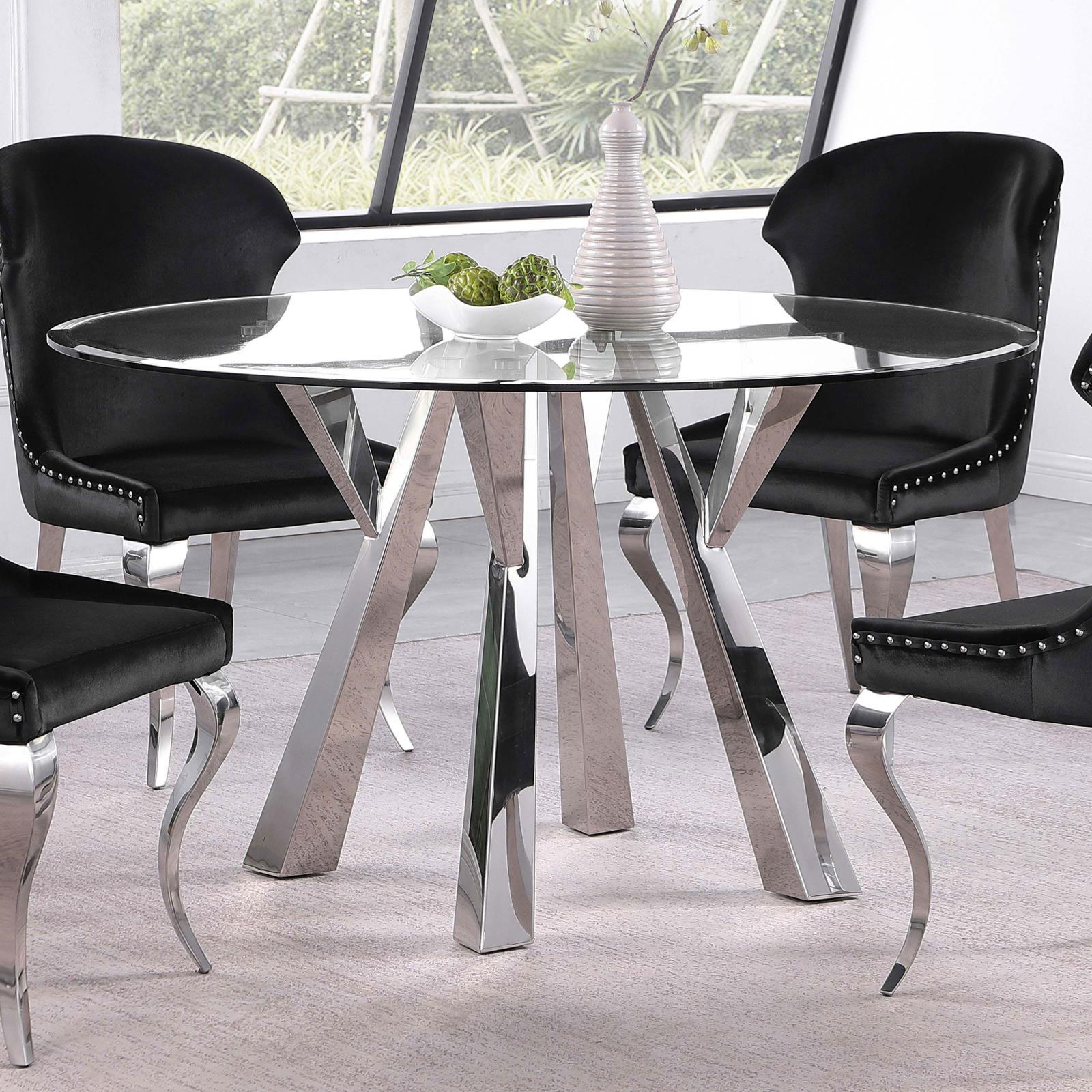 Alaia round glass top dining table angled side view
