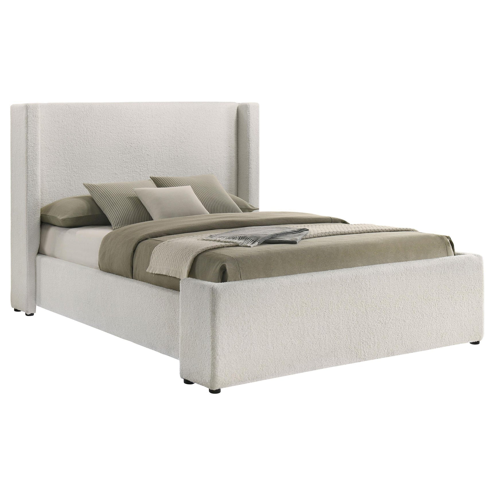 Side view of Alamosa white boucle upholstered queen wingback bed