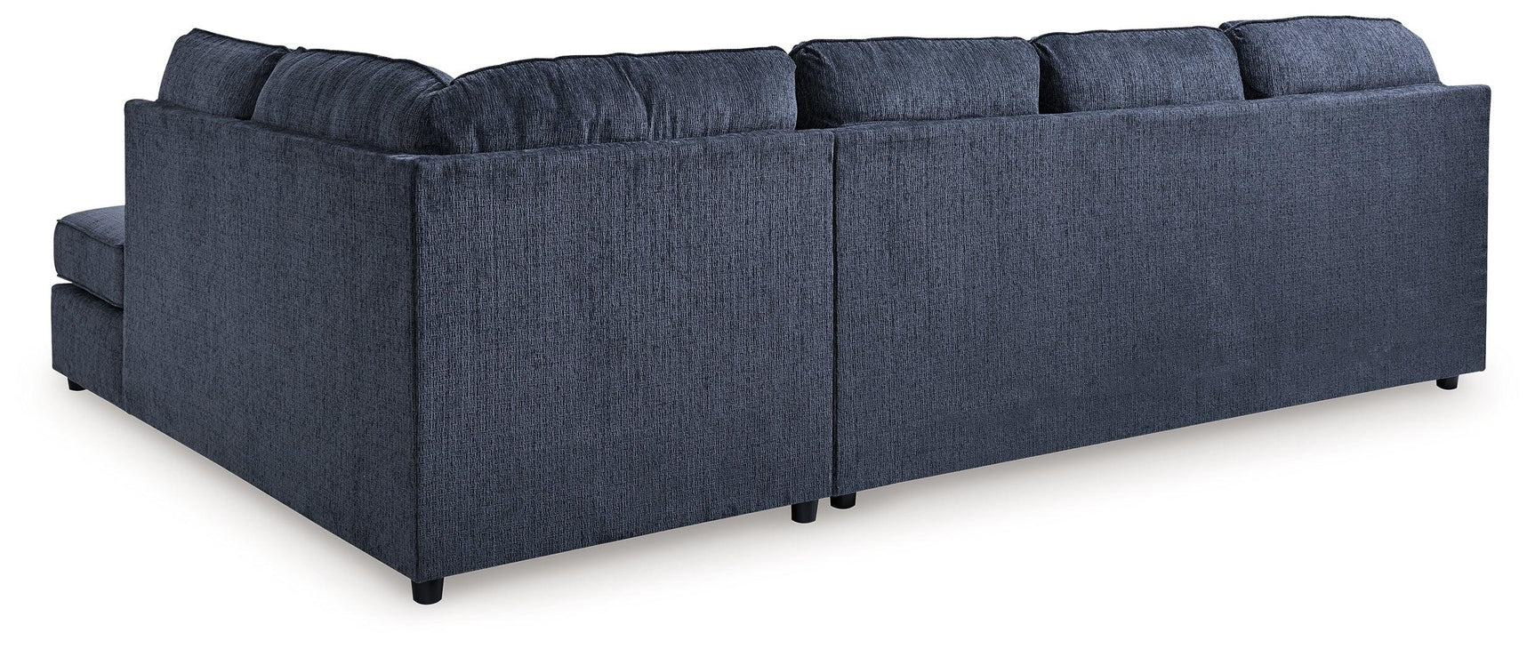 Close-up detail of cobalt fabric upholstery on sectional sofa