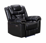 Alexa 3-piece set showing sofa, loveseat, and recliner in black faux leather
