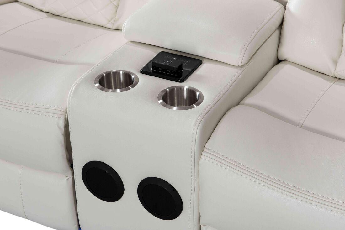 Alexa white faux leather loveseat USB charging ports view