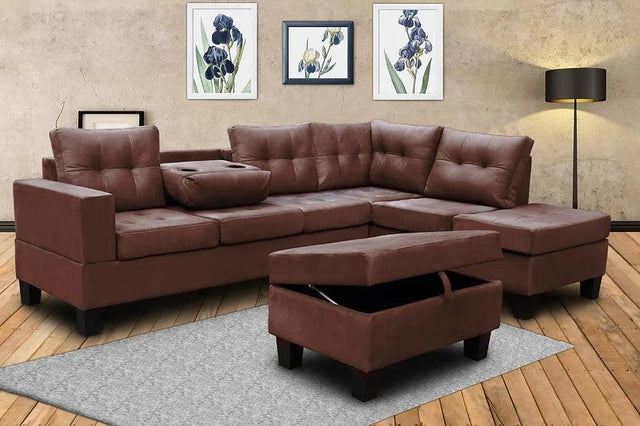 Brown tufted 3-piece sectional sofa with storage ottoman, angled view