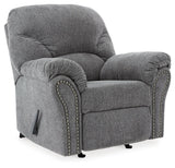 Close-up of pewter polyester upholstery and nailhead trim