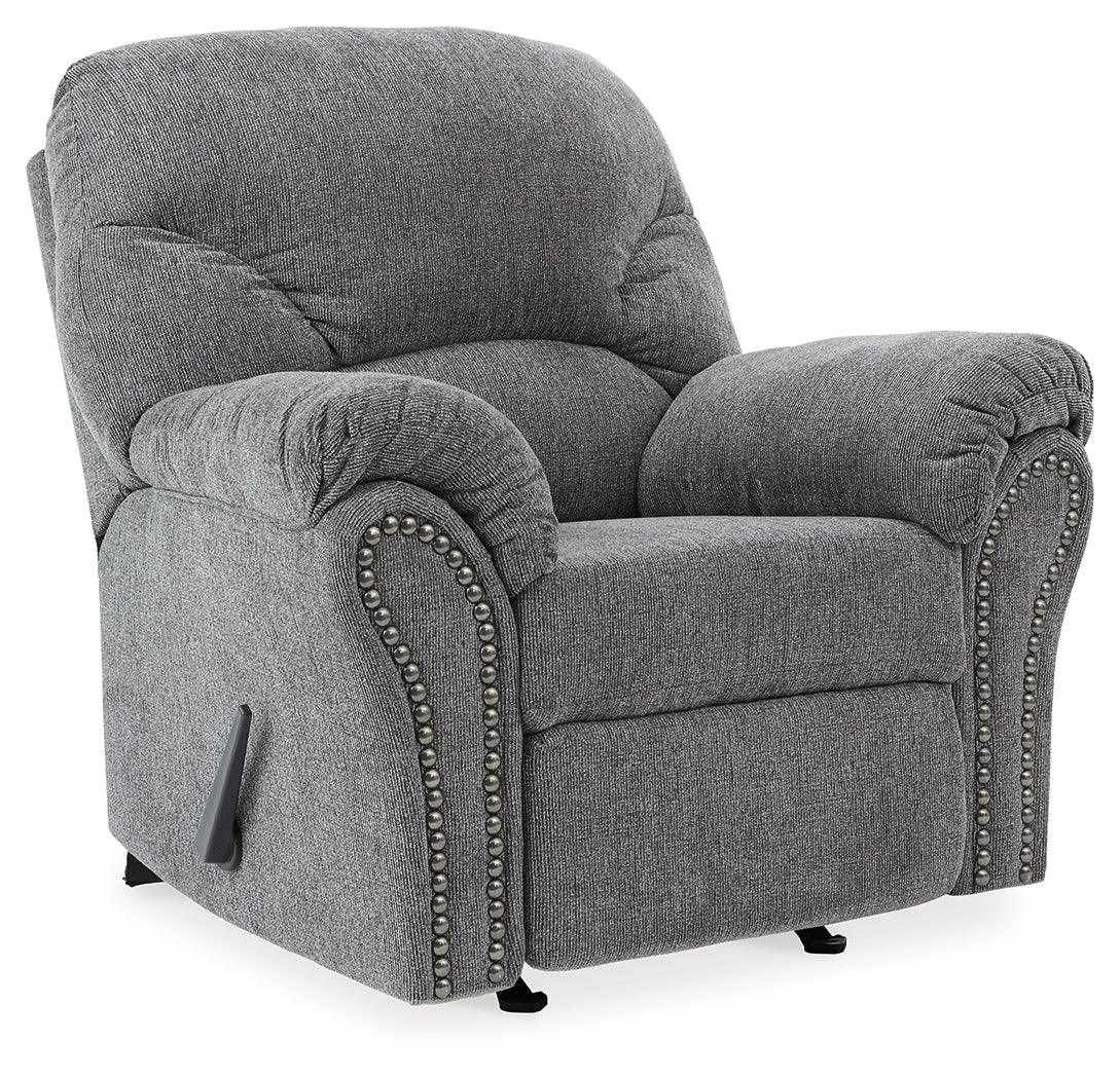 Close-up of pewter polyester upholstery and nailhead trim