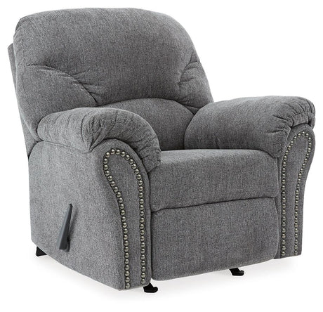 Close-up of pewter polyester upholstery and nailhead trim