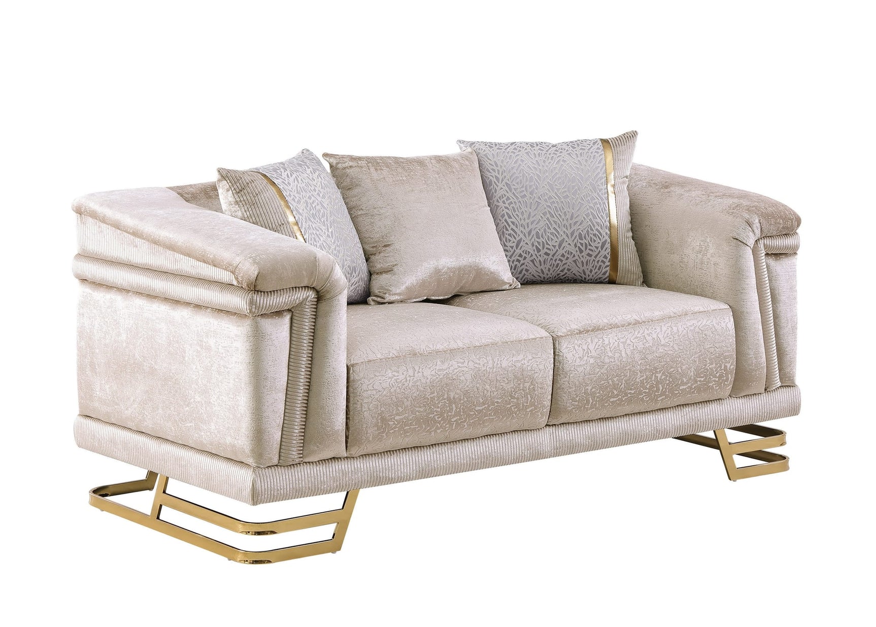 Amalfi Champagne Crushed Velvet Sofa and Loveseat Set with Gold Geometric Bases and Pillows view 3