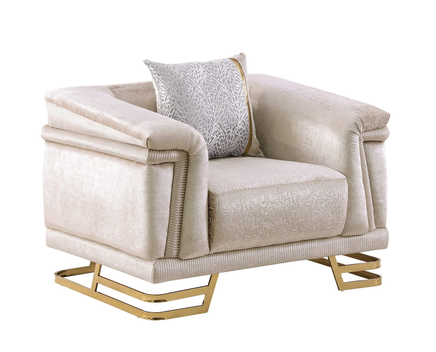Amalfi Champagne Crushed Velvet Sofa and Loveseat Set with Gold Geometric Bases and Pillows view 4