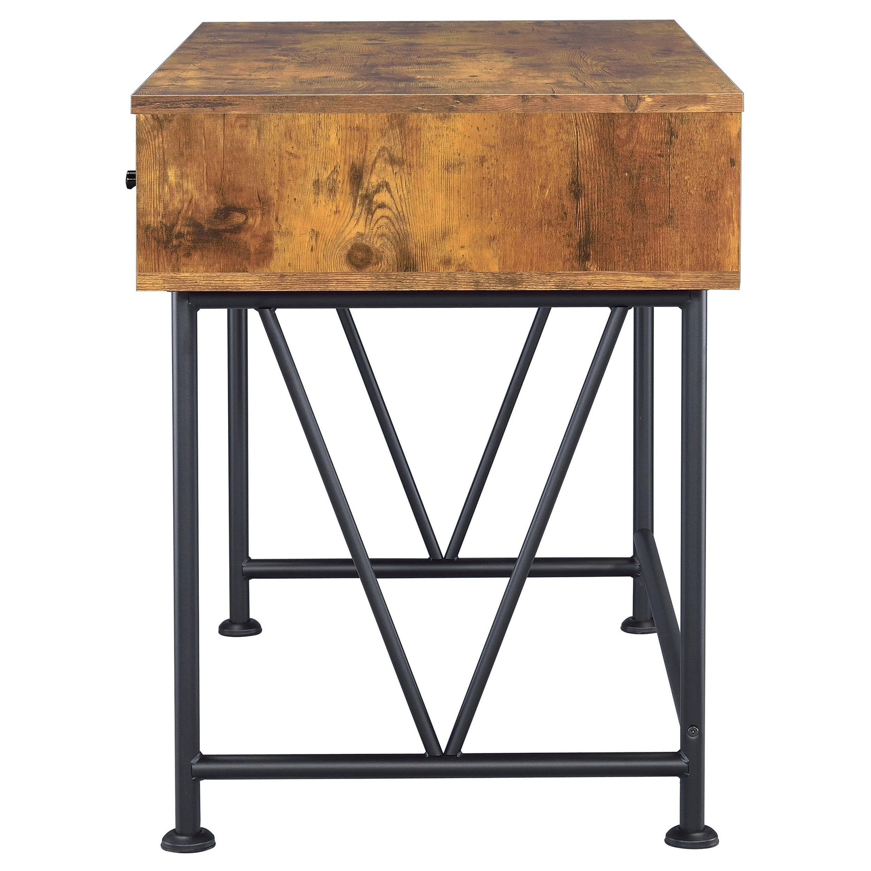 Side view of writing desk showing drawer handles and metal legs