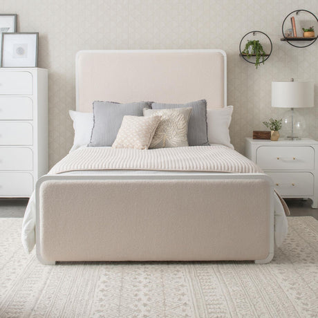 Anastasia Boucle Upholstered Eastern King Panel Bed front view in pearl white and beige