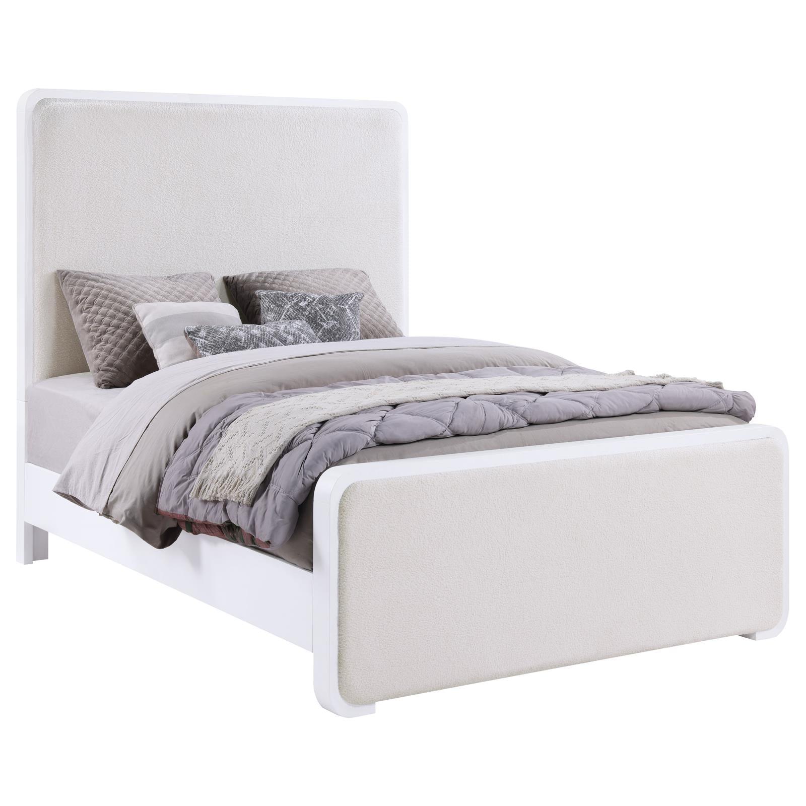 Side view of Anastasia Boucle Upholstered Eastern King Panel Bed with beige upholstery