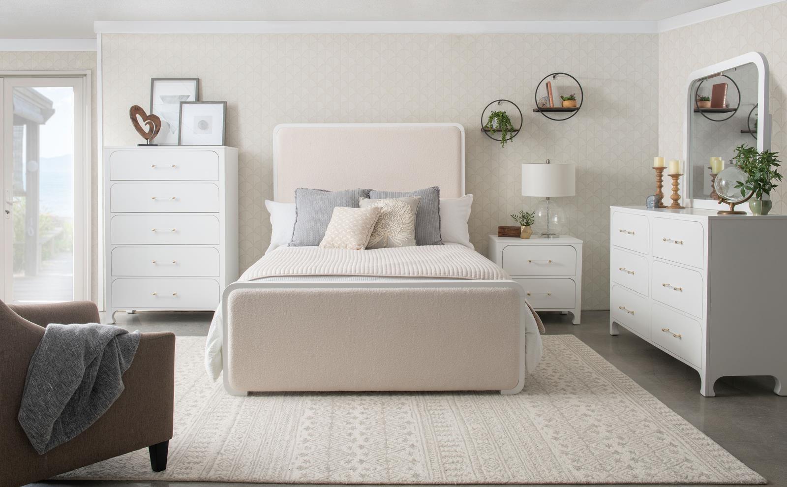 Anastasia Boucle King Panel Bed bedroom setting with linen and pillows