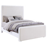 Side angle of Anastasia Boucle Upholstered Queen Panel Bed showing foam-padded headboard