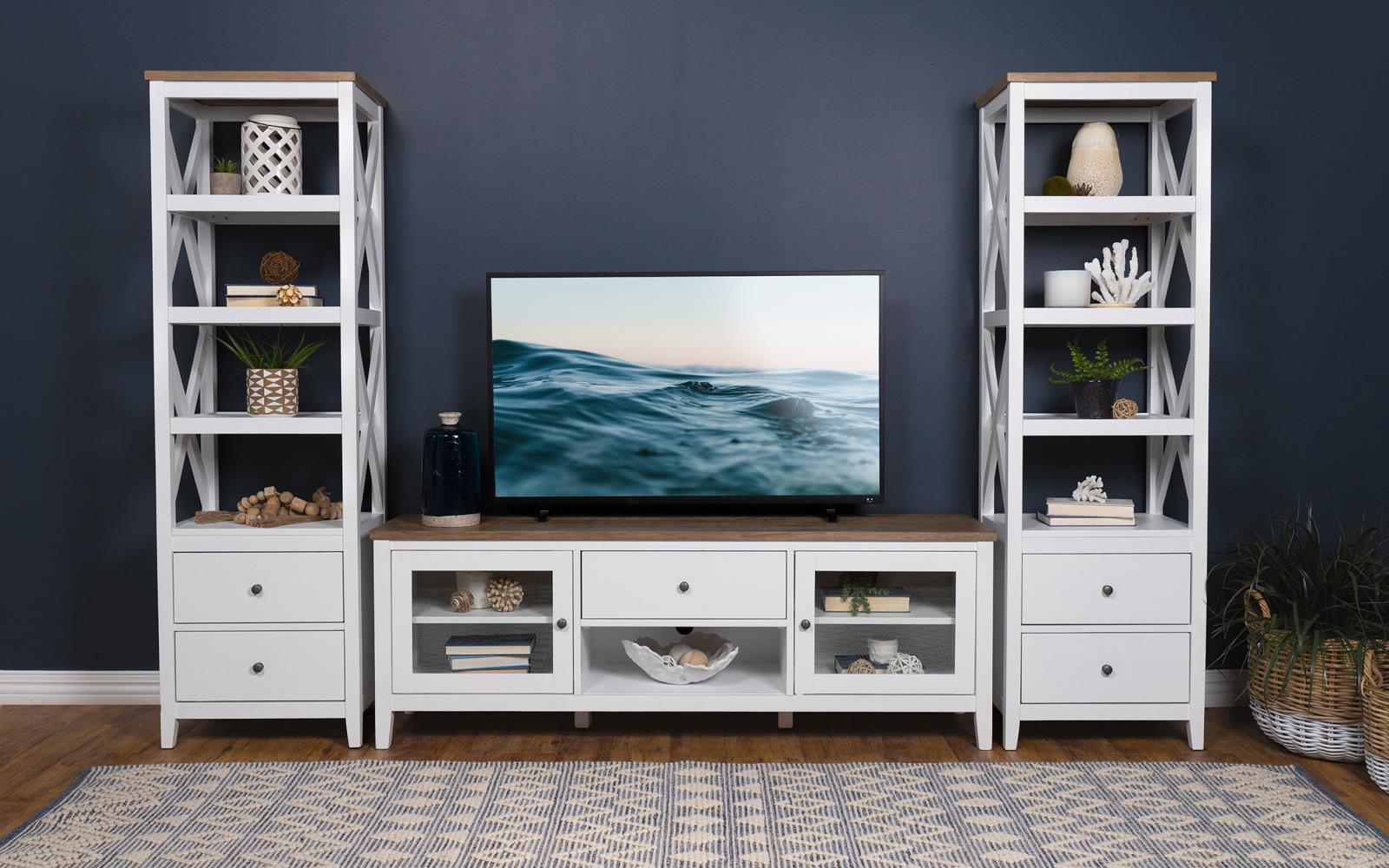 Angela TV stand with components and accessories organized