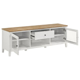 Angela TV stand side view showing glass-front doors and adjustable shelves