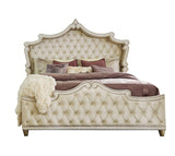 Side view of Antonella Ivory and Camel Upholstered Tufted Bedroom Set bed