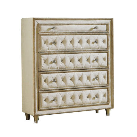 Side view of Antonella Ivory and Camel Upholstered Tufted Bedroom Set bed