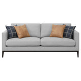 Detail view of upholstery and track arm on Apperson Apperso sofa set