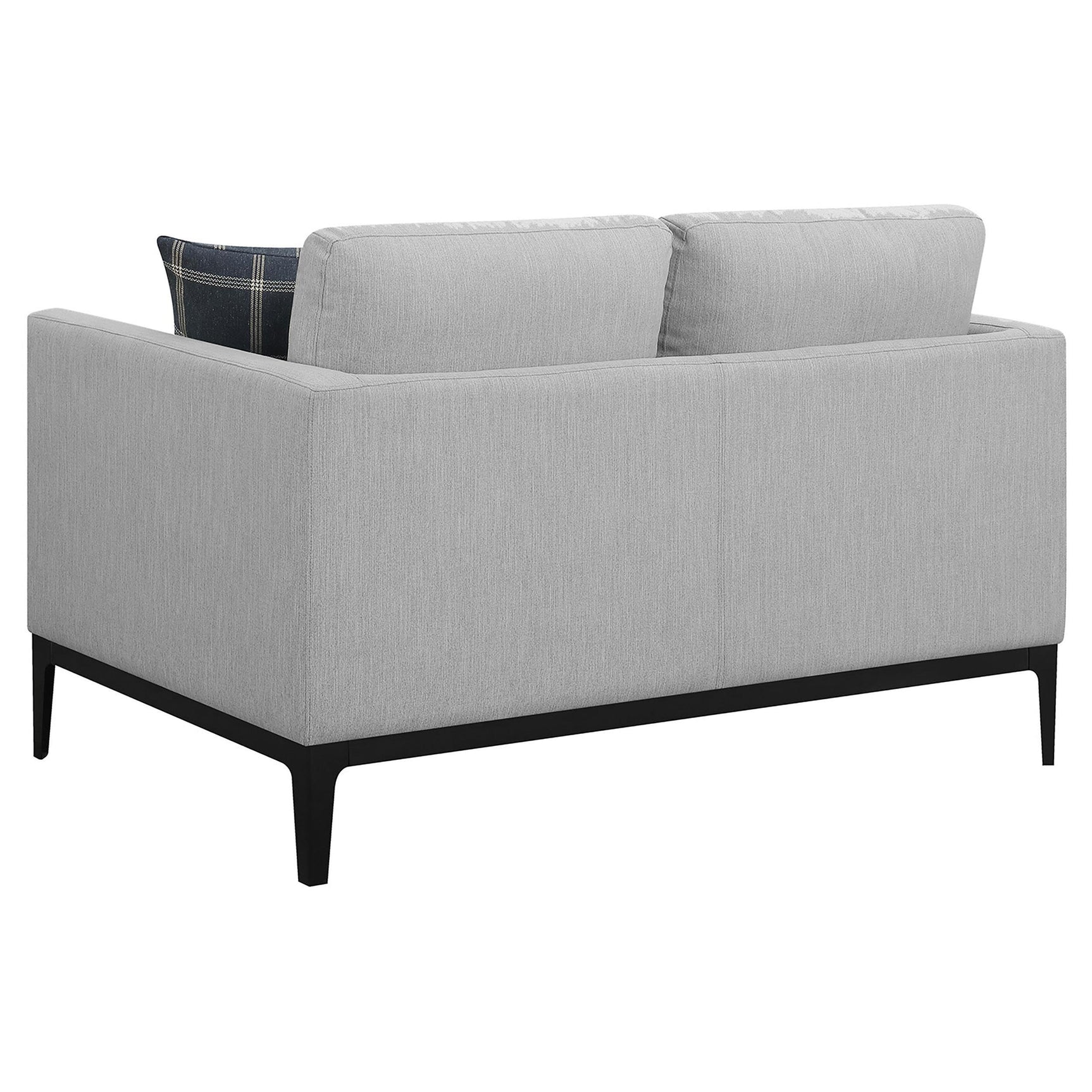 Side perspective of light grey upholstered Apperson Apperso sofa set