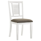 Close-up of foam cushioned dark brown fabric seat on Appleton Ladder Back Chair