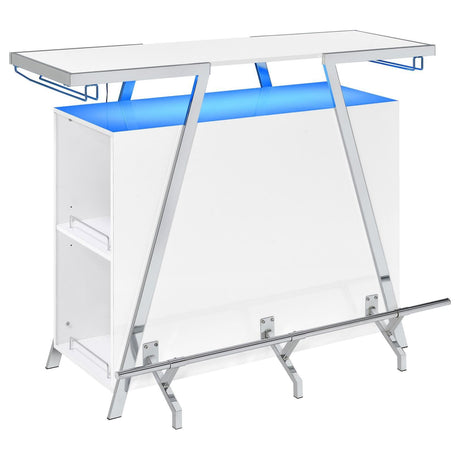 Front view of Araceli white high gloss home bar with chrome geometric frame
