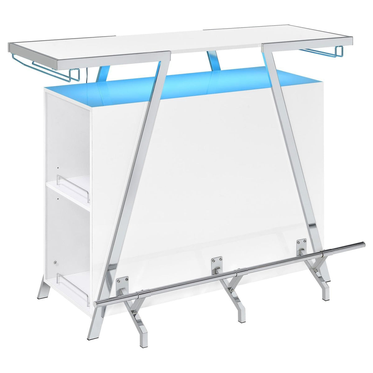 Araceli white high gloss home bar with chrome metal frame and LED lighting
