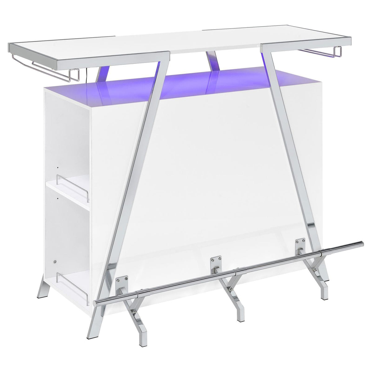 Araceli white high gloss home bar with chrome metal frame and LED lighting