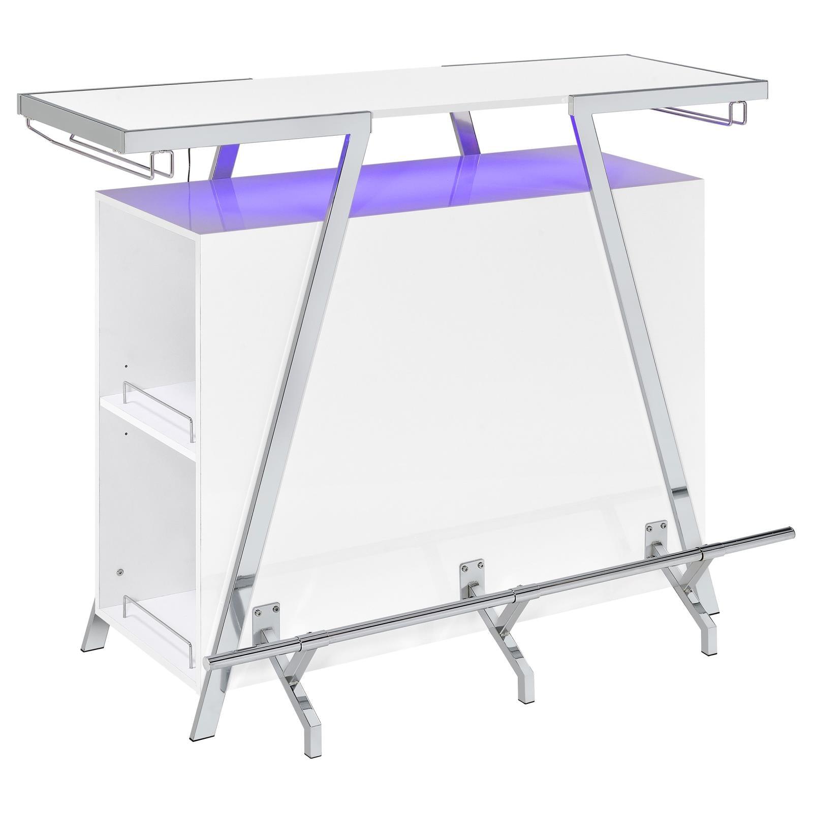 Araceli white high gloss home bar with chrome metal frame and LED lighting