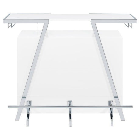 Araceli white high gloss home bar with chrome metal frame and LED lighting