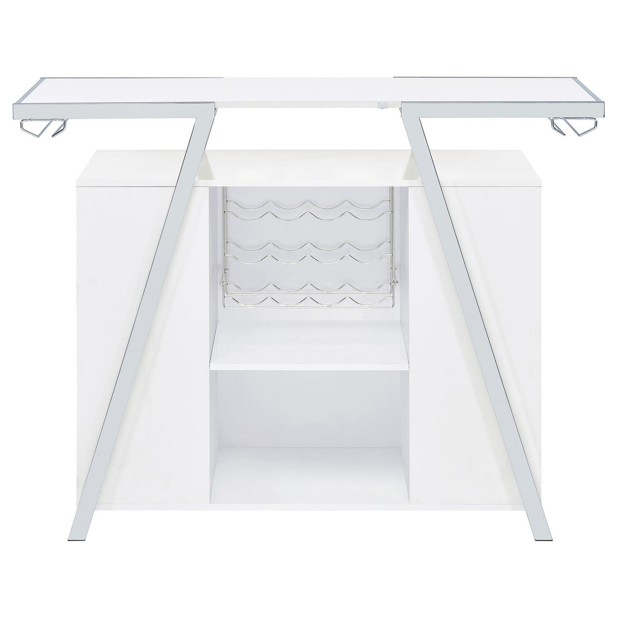 Araceli white high gloss home bar with chrome metal frame and LED lighting