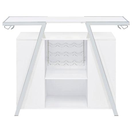 Araceli white high gloss home bar with chrome metal frame and LED lighting