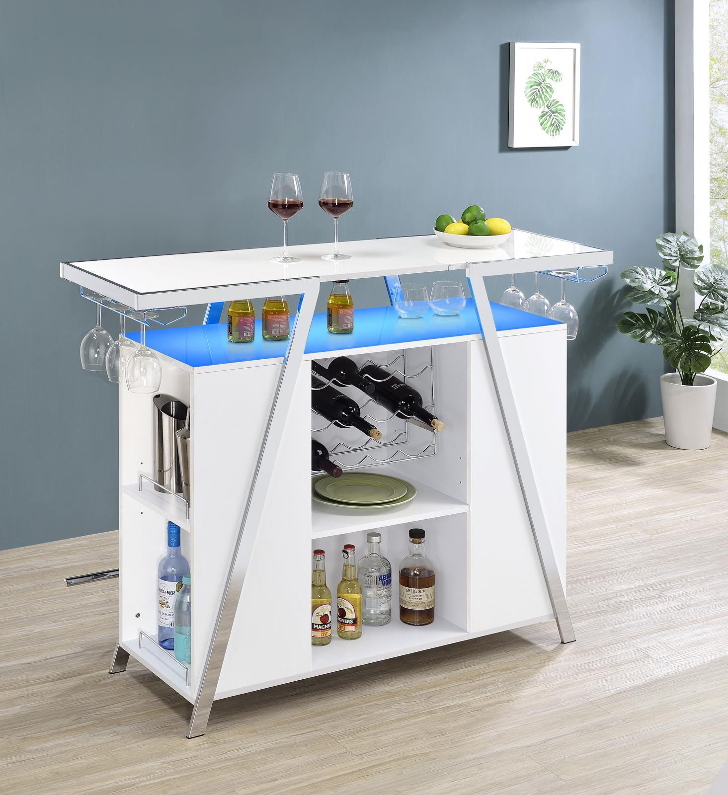 Top shelf of Araceli home bar with LED strip lighting on underside