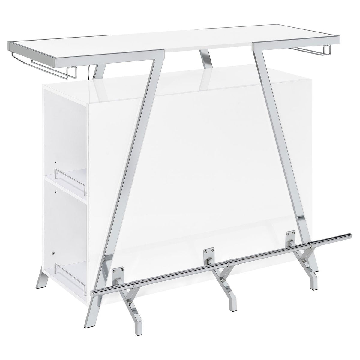 Interior shelving and bottle racks of Araceli home bar cabinet