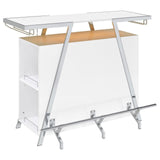 Side angle of Araceli white high gloss home bar showing dimensions