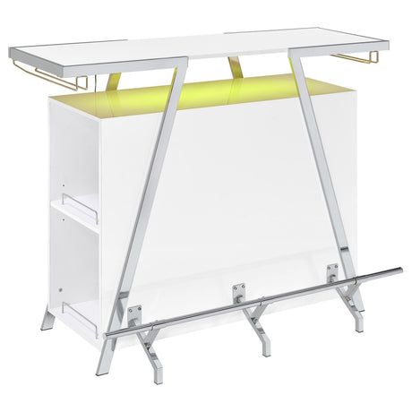 Araceli white high gloss home bar with chrome metal frame and LED lighting