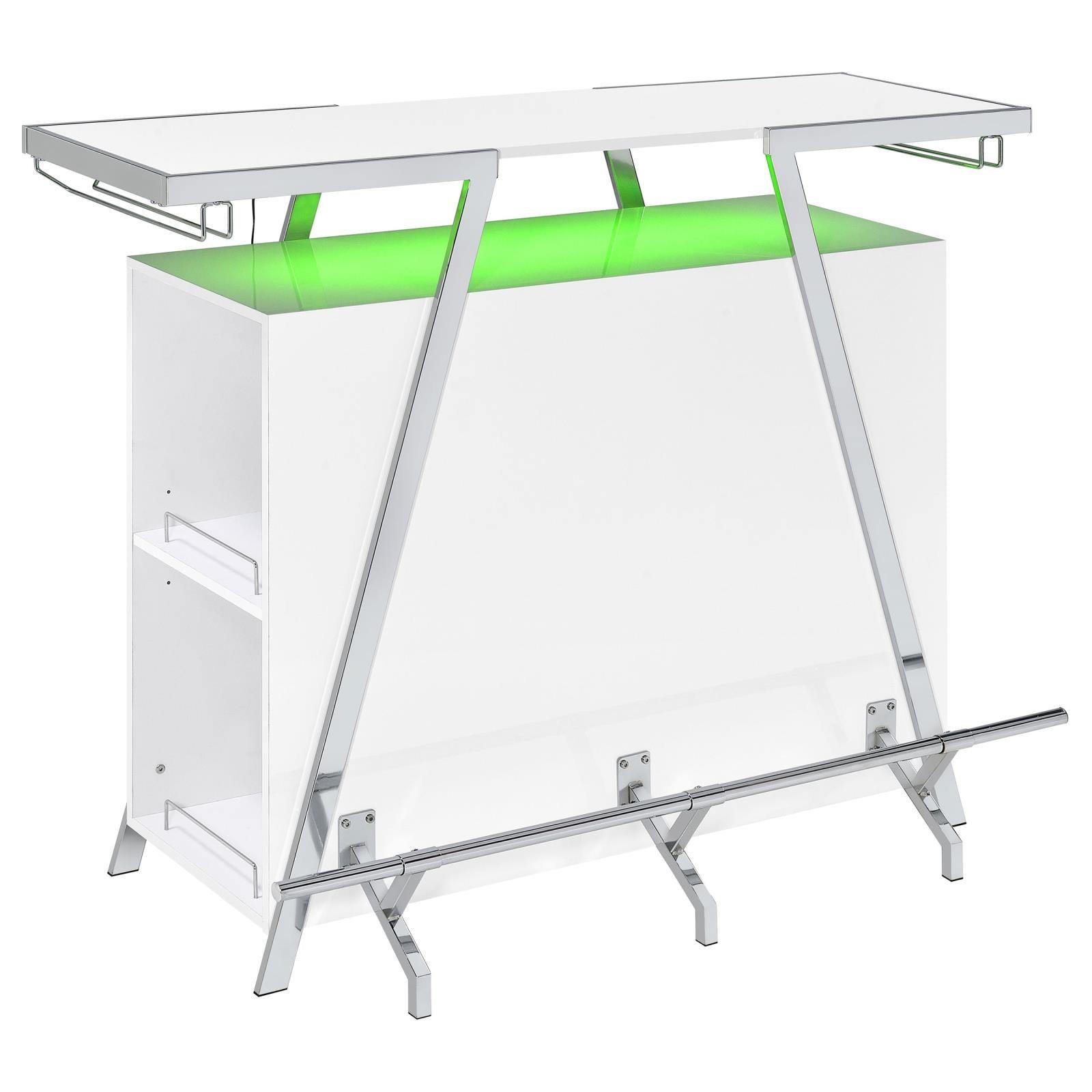 Araceli white high gloss home bar with chrome metal frame and LED lighting