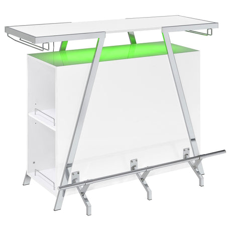 Araceli white high gloss home bar with chrome metal frame and LED lighting