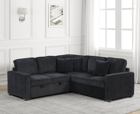 Front view of Ariel Black Sectional Sofa with pull-out bed