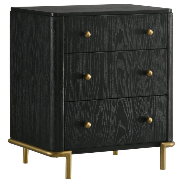 Arini 3-Drawer Nightstand Black with USB Outlet, angled view